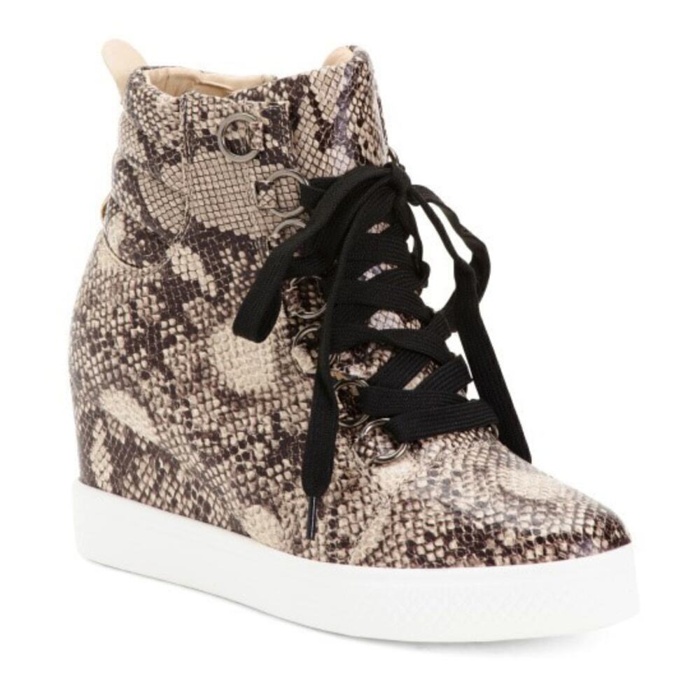 New Catherine Malandrino Snakeskin Embossed Ankle Booties Wedge Fashion Sneakers - Picture 2 of 7